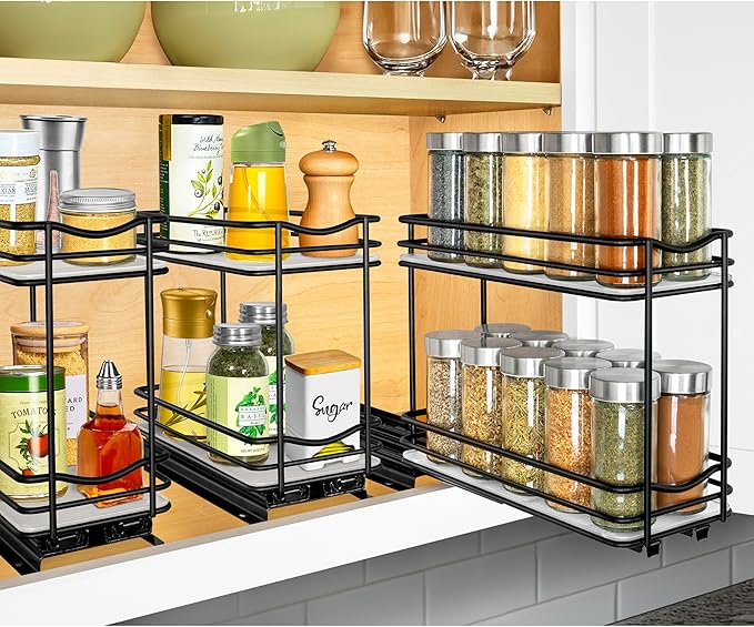 LYNK PROFESSIONAL® Pull Out Spice Rack Organizer for Inside Kitchen Cabinets - 4-1/4 inch Wide - Slide Out Drawer – Black Sliding Spice Cabinet Organization Shelf Racks - 2 Tier