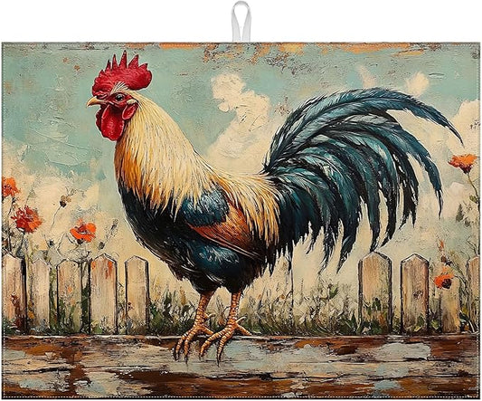Vintage Rooster Dish Drying Mat for Kitchen Counter Microfiber Absorbent Dish Kitchen Drying Mat Draining Reusable Washable for Dishes/Utensils/Counterto