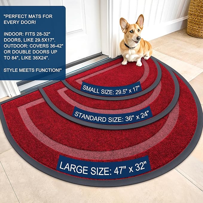 OLANLY Half Circle Door Mat Indoor Outdoor Entrance Welcome, Waterproof All-Season, All-Weather Doormat, Sturdy Natural Rubber, Low Profile, Easy Clean Patio Porch Entryway Mat, 47x32, Wine Red