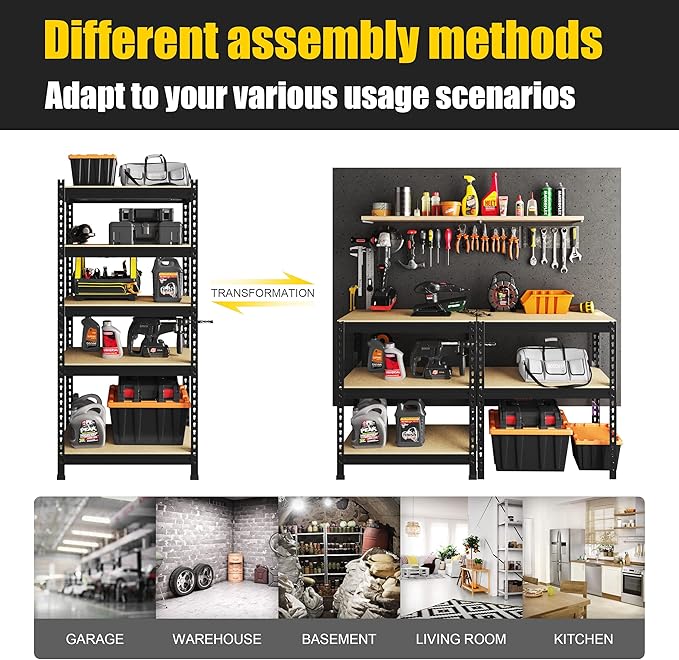 PrimeZone 32"W x 16"D x 63" H Storage Shelves - 2 Pack 5 Tier Adjustable Garage Storage Shelving, Heavy Duty Metal Storage Organizer Utility Rack Shelf Unit for Warehouse Pantry Closet Kitchen, Black