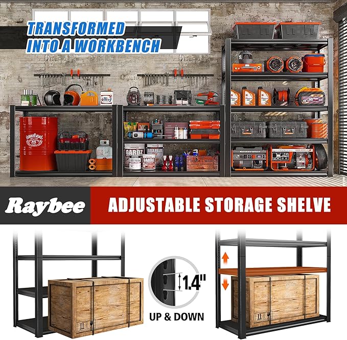 Raybee Garage Shelving 2000LBS Storage Shelves Adjustable Metal Shelves 5 Tier Heavy Duty Shelving Metal Shelf for Basement Pantry Kitchen 32" W x 16.5" D x 63" H