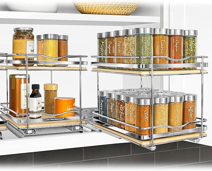 LYNK PROFESSIONAL® Élite™ Pull Out Spice Rack Organizer for Inside Kitchen Cabinets - 8-1/4 inch Wide - Slide Out Drawer – Wood/Chrome Sliding Spice Cabinet Organization Shelf Racks - 2 Tier