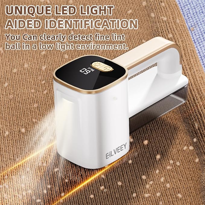 Rechargeable Lint Remover, Fabric Shaver Fuzz Remover, Sweater Shavers with 6-Leaf Blades, 3-Speeds Digital LED Display to Remove Pilling for Clothing and Furniture, Lint Ball, White