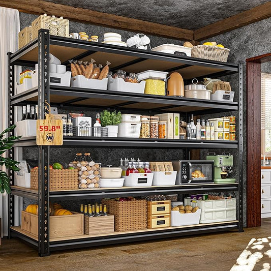 59.8"W Garage Shelving 72"H Storage Shelves 2750LBS Metal Shelving Heavy Duty Garage Shelves Adjustable 5 Tier Metal Shelf for Basement Warehouse Pantry Supermarket 59.8"W x 24"D x 72"H