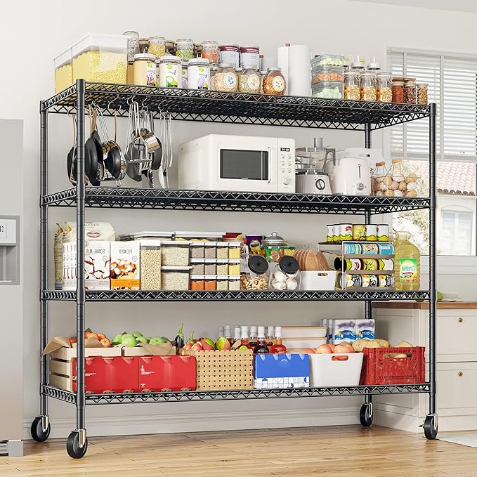 REIBII 55.5''W Heavy Duty Metal Shelves with Wheels - 4PCS Adjustable Garage Storage Rack, 75.6" H X 55.5''W X 24" D