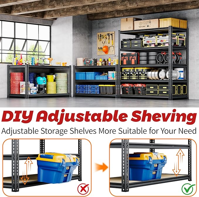 72" H Storage Shelves Heavy Duty, 2200LBS Garage Shelving, 5 Tier Metal Shelving Unit Adjustable Garage Shelves Utility Rack Shelf for Storage Warehouse Pantry Closet,40" W × 20" D × 72" H, Black