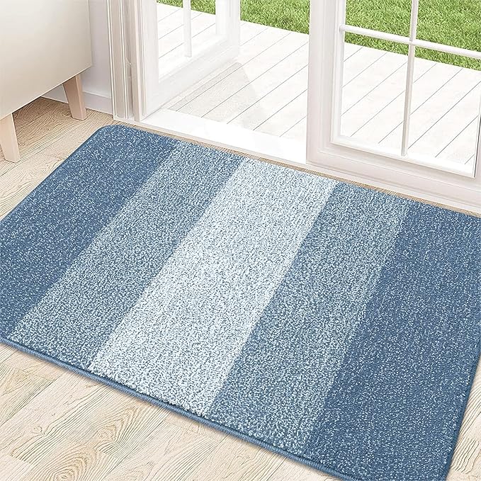Kitinjoy Indoor Outdoor Door Mat, 32x20 Non-Slip Absorbent Dirt Trapper, Low-Profile Washable Inside Entrance Front Floor Mat, Sturdy Soft Entry Doormats for Entryway, Light Blue