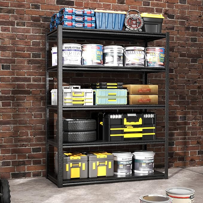 72" H Garage Shelving, Metal Storage Shelves, Adjustable 5 Tier Storage Rack, Heavy Duty Shelving, Industrial Utility Shelf for Garage, Warehouse, Bedroom, Kitchen,16" D×36" W×72" H, Black