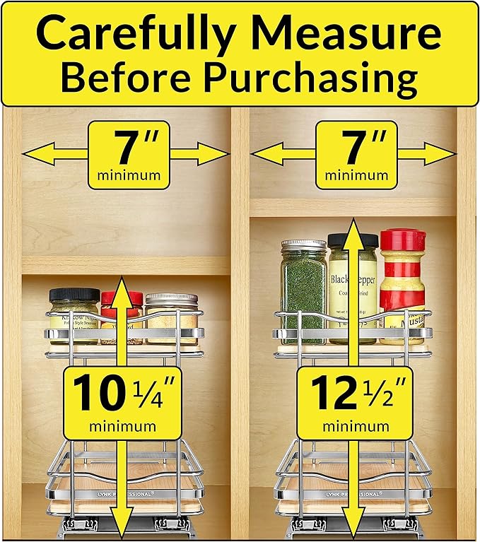 LYNK PROFESSIONAL® Élite™ Pull Out Spice Rack Organizer for Inside Kitchen Cabinets - 6-1/4 inch Wide - Slide Out Drawer – Wood/Chrome Sliding Spice Cabinet Organization Shelf Racks - 2 Tier