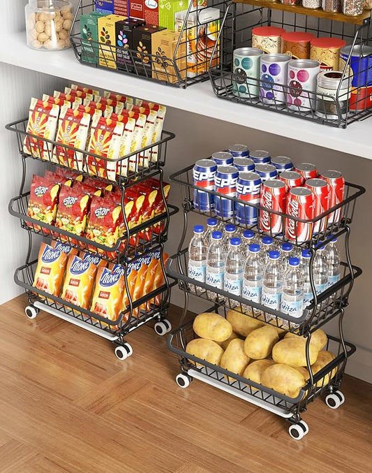3-Tier Rolling Pantry Floor Organizer and Storage Cart with Wheels, Stackable Wire Pantry Baskets for Pantry Shelves, Kitchen Fruit Basket Stand and Storage Rack for Fruit Snack Onion Potato