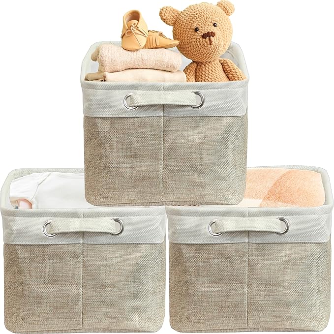 SIMPLE HOUSEWARE Large Fabric Storage Bin, 14.4" x 10" with Handles, 3-Pack, Foldable Organizer for Closet and Shelf, Beige